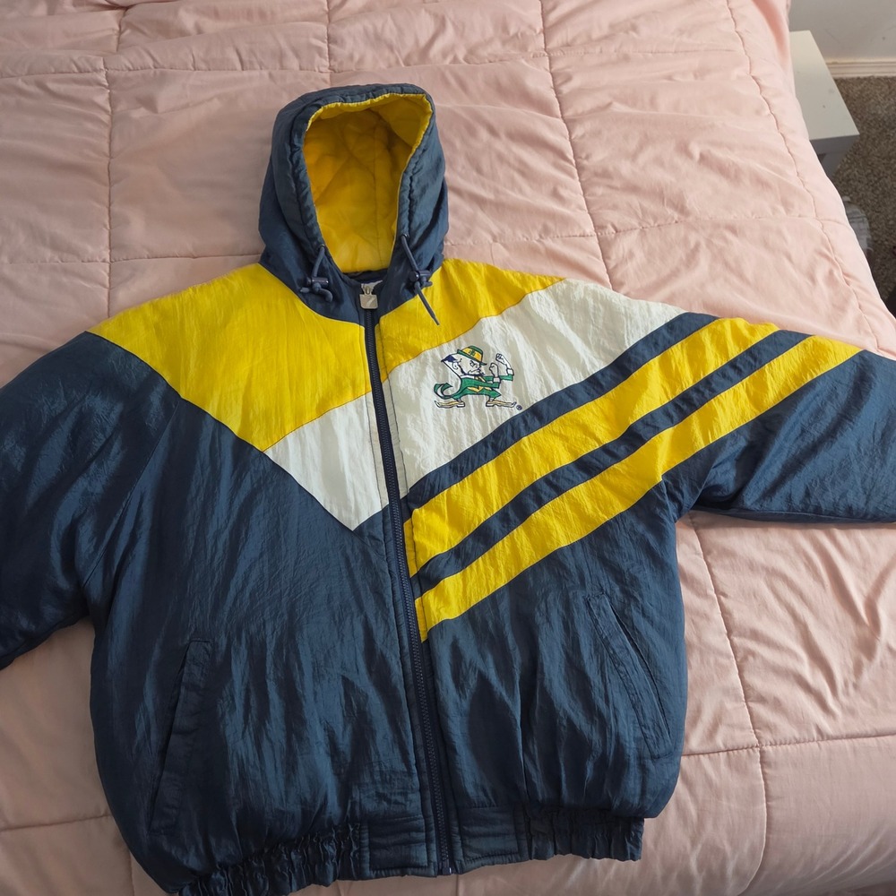 Vintage Logo 7 Notre Dame Fighting Irish Hooded Puffer Jacket Navy Yellow Mens M